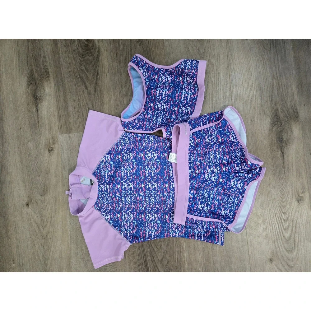Eddie Bauer Girls 3 Piece Swimsuit Set Rash Guard Shorts Purple Kids S 7/8